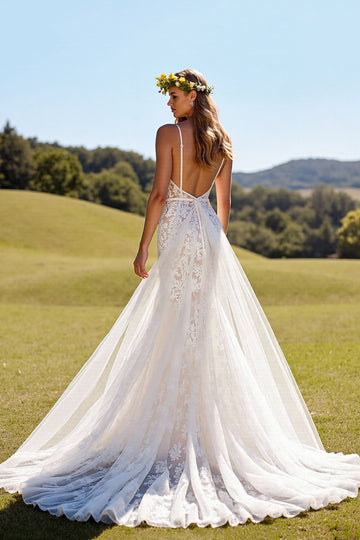 Corset Ivory V Neck Mermaid Lace Wedding Dress
